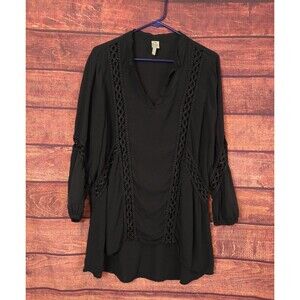 XCVI Black‎ Sheer Crochet Lace Trim Tunic Top Hi Lo Hem Split Neck Womens size L